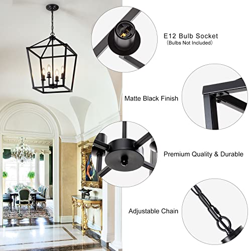 Pakokula 15.75" Black Farmhouse Chandelier For Dining Room, 4-Light Lantern Pendant Light Fixture Industrial Vintage Iron Cage Hanging Light For Entryway Kitchen Island Foyer #TOP4