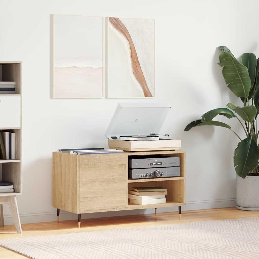 Mangloder - Armadietto per dischi in rovere Sonoma in legno e ferro, 85 x 38 x 48 cm, con molto spazio per dischi in vinile, per soggiorno, home theater e gaming