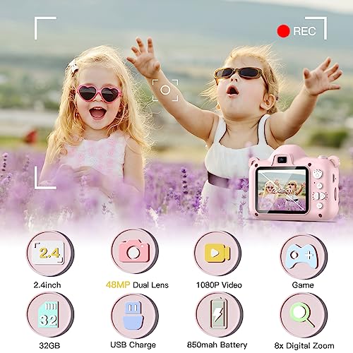 Megachic Kids Camera Toys For 3-9 Year Old Girls/Boys, 1080P Digital Video Camcorder Camera For Toddler, Christmas Birthday Gifts For Children 48Mp Selfie Camera 2.4“ Ips Screen, 32Gb Sd Card, Pink #TOP1