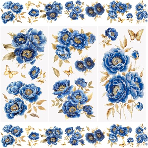 WANDIC 3 Hojas de Pegatinas de Transferencia, Calcomanías de Transferencia para Muebles Diseño Floral Azul Impermeable Artesanías Adornos para Álbum de Recortes, Álbumes de Fotos, 15 x 30 cm