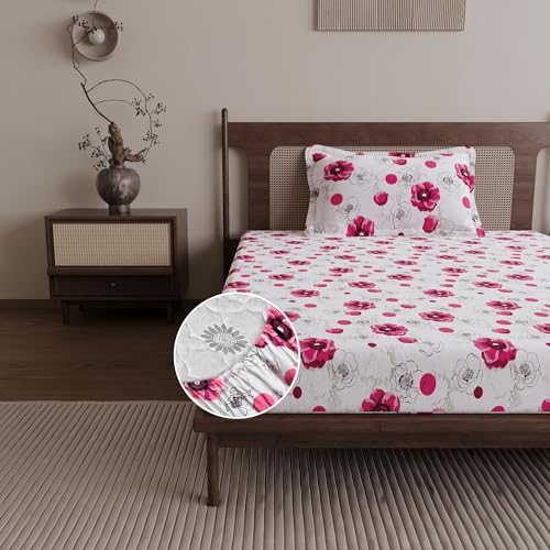 Image of Divine Casa Elastic Bedsheet Single Size (198 x 90 CM) with 1 Pillow Cover | Cotton Single Bed Sheet | Fitted Sheet for Single Bed | Snug Fit Mattress Sheet 198x90
