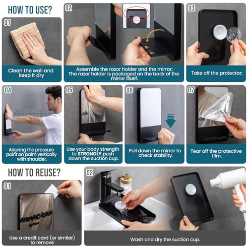 taili shower mirror fogless suction shaving mirror with razor holder fog free with storage tray rust-proof shatterproof removable bathroom amp shower accessories black