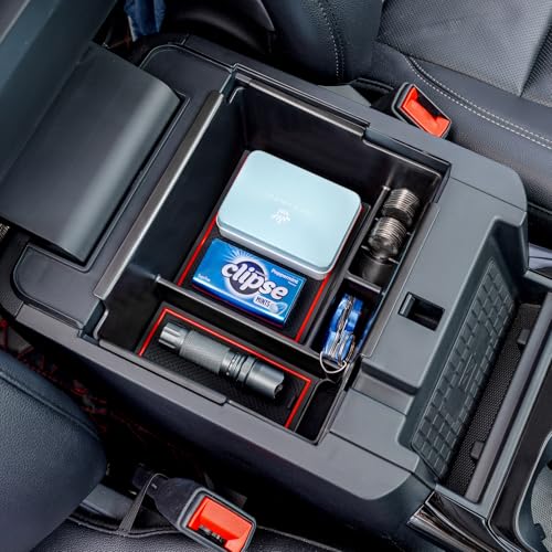 TOPINSTALL 2020-2026 Ford Explorer Console Organizer Tray - Compatible with 2020-2026 Ford Explorer Deep Armrest Storage Box with Coin Holder & Non-Slip Mats Red Interior 6th Gen Explorer Accessories