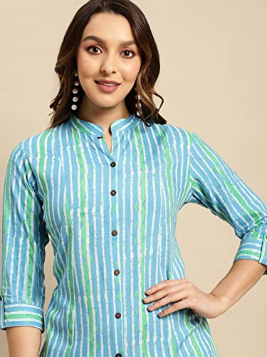 Image of rangita Women's Rayon Relaxed Fit Straight Calf Length Striped Front Slit Kurti | Kurta
