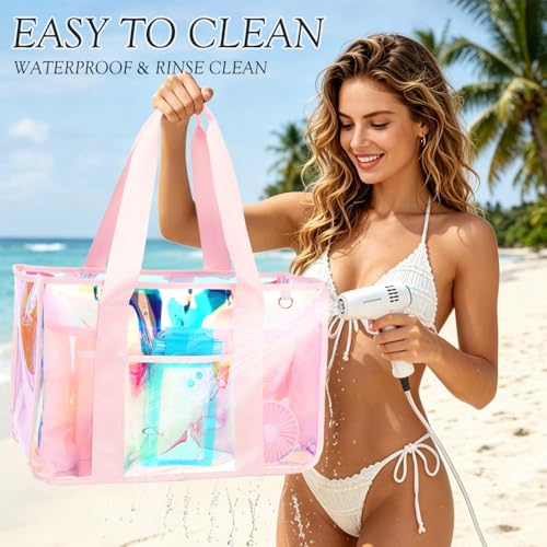 Image of Fammart Iridescent Clear Beach Bags Waterproof Sandproof for Women, Large Jelly Tote Zipper Pool Bag Cruise Essentials 2026