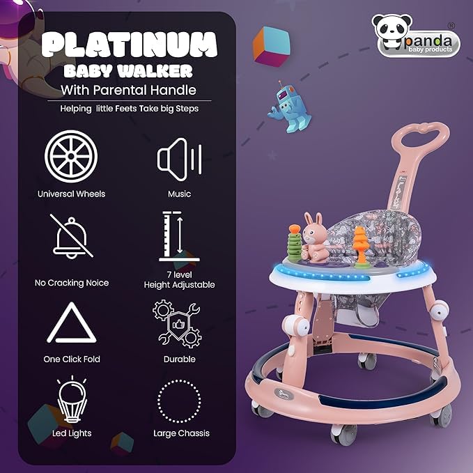 Image of Baby Walker for 6 to 24 Months | 7 Level Height Adjustment Walker with Switchable Food & Musical Toy Tray /Advanced Baby Activity Walker