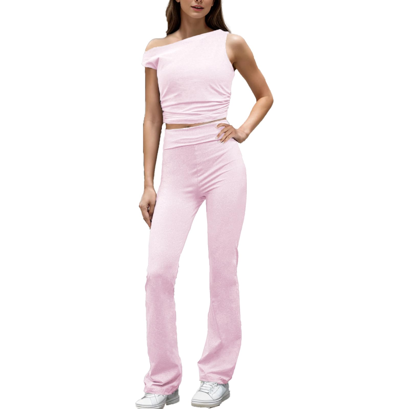 HBERWomen's 2 Piece Lounge Set Sleeveless Off Shoulder Cropped Tank Tops Fold Waisted Flare Pants Workout Tracksuits