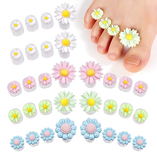 32pcs Daisy Flower Silicone Toe Separators- 8pcs Pink Spacers+ 8pcs Green Stretchers+ 8pcs Blue Spreaders+ 8pcs White Cushions Toes Dividers Pedicures Nail Art Tools Polish Guards for Home Salon