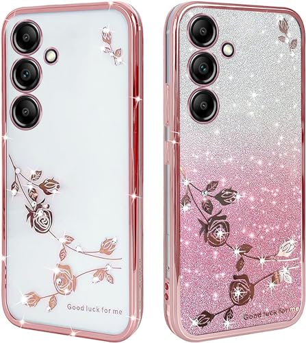Custodia Glitter per Samsung Galaxy S24 Cover Bling Brilla Paraurti Antiurto da Telefono Carino silicone Brillantini con Donne e Ragazze Trasparente Oro rosa