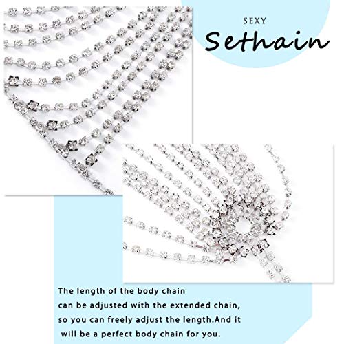 Sethain Boho Crystal Body Chain Sparkly Rhinestone Bikini Chest Chains Bra Nightclub Body Accessories Jewelry for Women and Girls (Silver)4