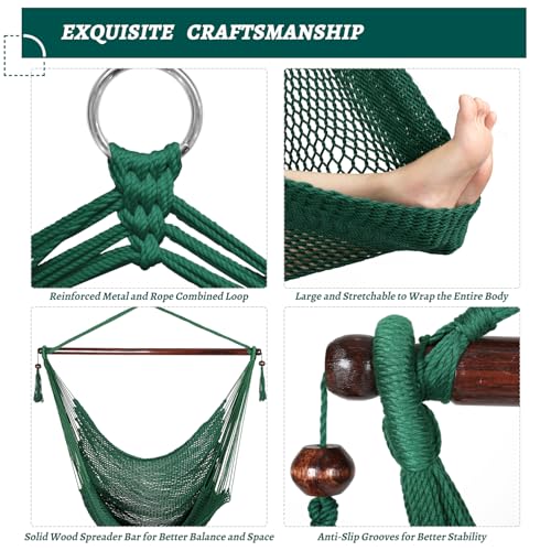 Image of Bathonly Large Hammock Chair with Spreader Bar, Caribbean Hammock Swing Chair, XL Hammock Chair Outdoor Indoor, 330 LBS Weight Capacity, Green