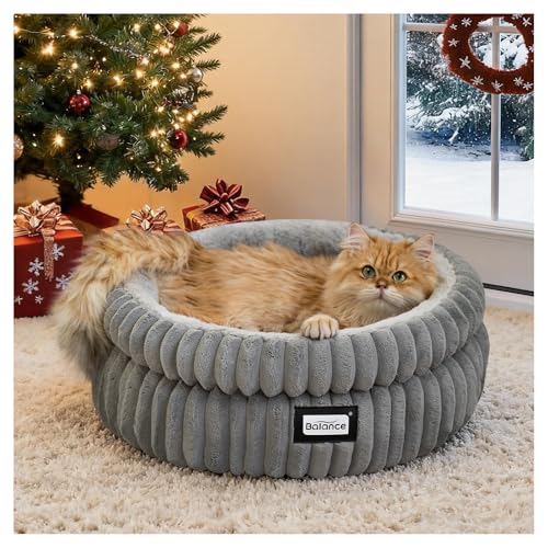 BALANCE Cat Bed Kitten Bed, Washable Round Cat Beds for Indoor Cats, Super Soft Plush Faux Fur Pet Bed for Puppy and Kitten with Anti-Slip Bottom