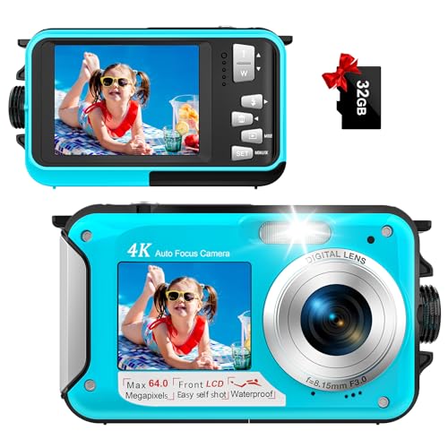 Appareil Photo Etanche Appareil Photo numérique 4K 64MP Autofocus Caméra sous-Marine Carte mémoire 32G Selfie Double écrans 16FT 16X Zoom Appareil Photo Numérique Etanche
