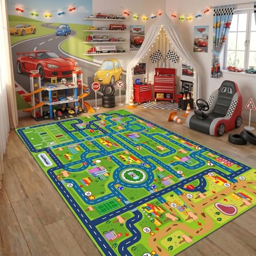 Car Rug Play Road Rug Kid Play Mat,Playroom Toy Car Mat, Kids Carpet City Map for Bedroom Classroom,Extra Large Thick (59X39.4 Inch)