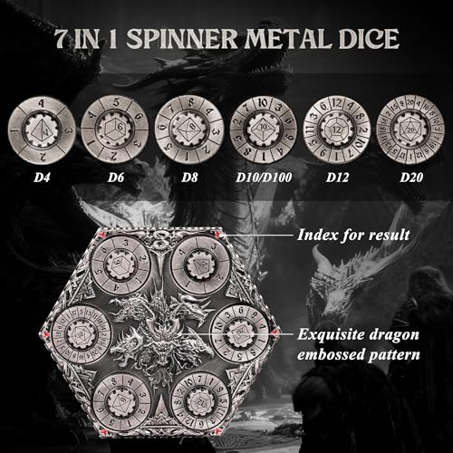 Image of Kabinka DND Dice Set, 7 in 1 Metal Spin-Dial Dice with Storage Bag, Portable Celtic Knot D&D Dice for D4 /D6 /D8 /D10 /D12 /D20 Role Playing Board Games (Patina Silver)