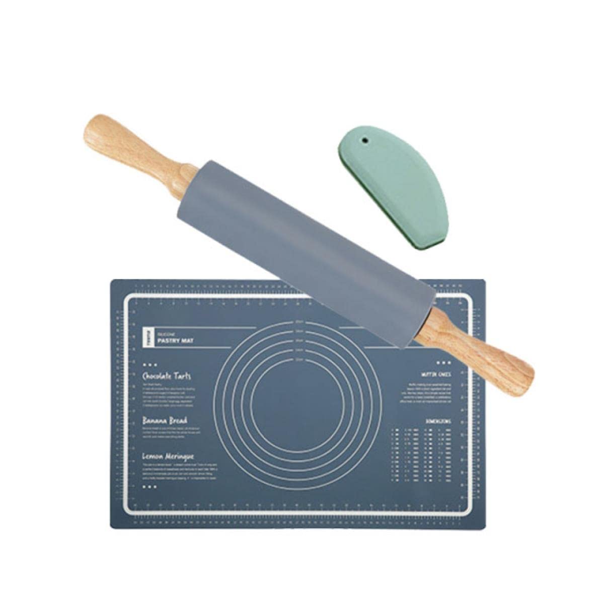 Tapis de Pétrissage en Silicone Set 3 Pièces Tapis de Pâtisserie avec Mesure Rouleau à Pâtisserie Cutter Compteur Large Gâteau Cuisson Pâte à Biscuits Tapis-Chine, Bleu Ensemble