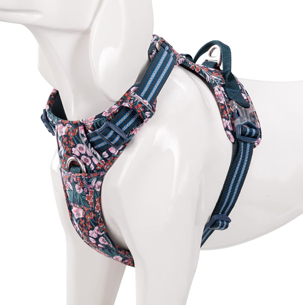 SGODA Dog Floral Patent Harness, No-Pull Pet Harness with Handle, Navy Red, X-Small