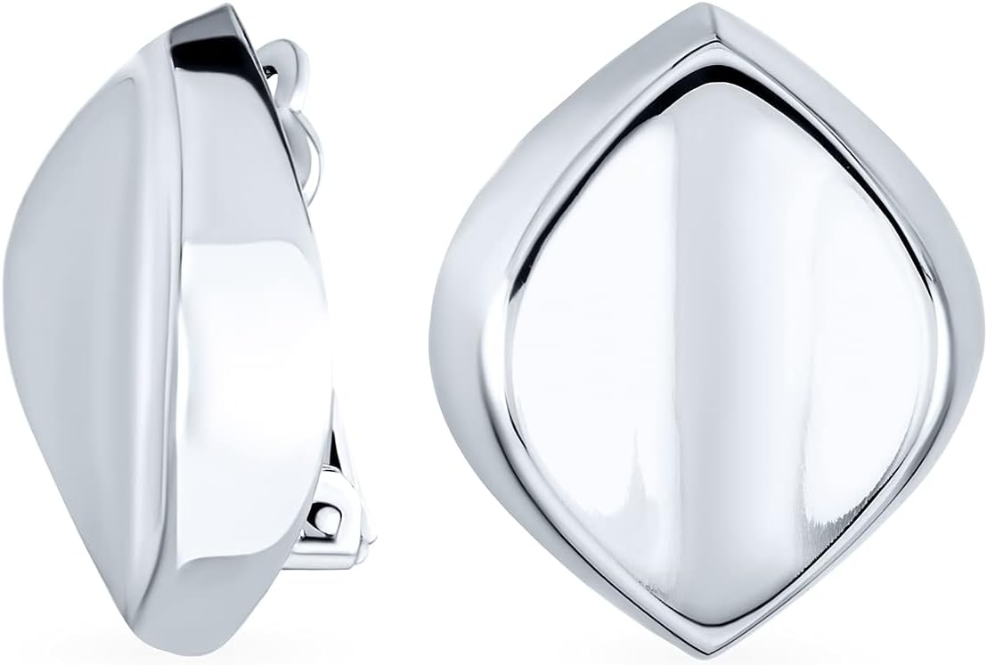 Simple Diamond Shape Polished Concave Clip On Earrings For Women Non Pierced Ears .925 Sterling Silver Alloy Clip