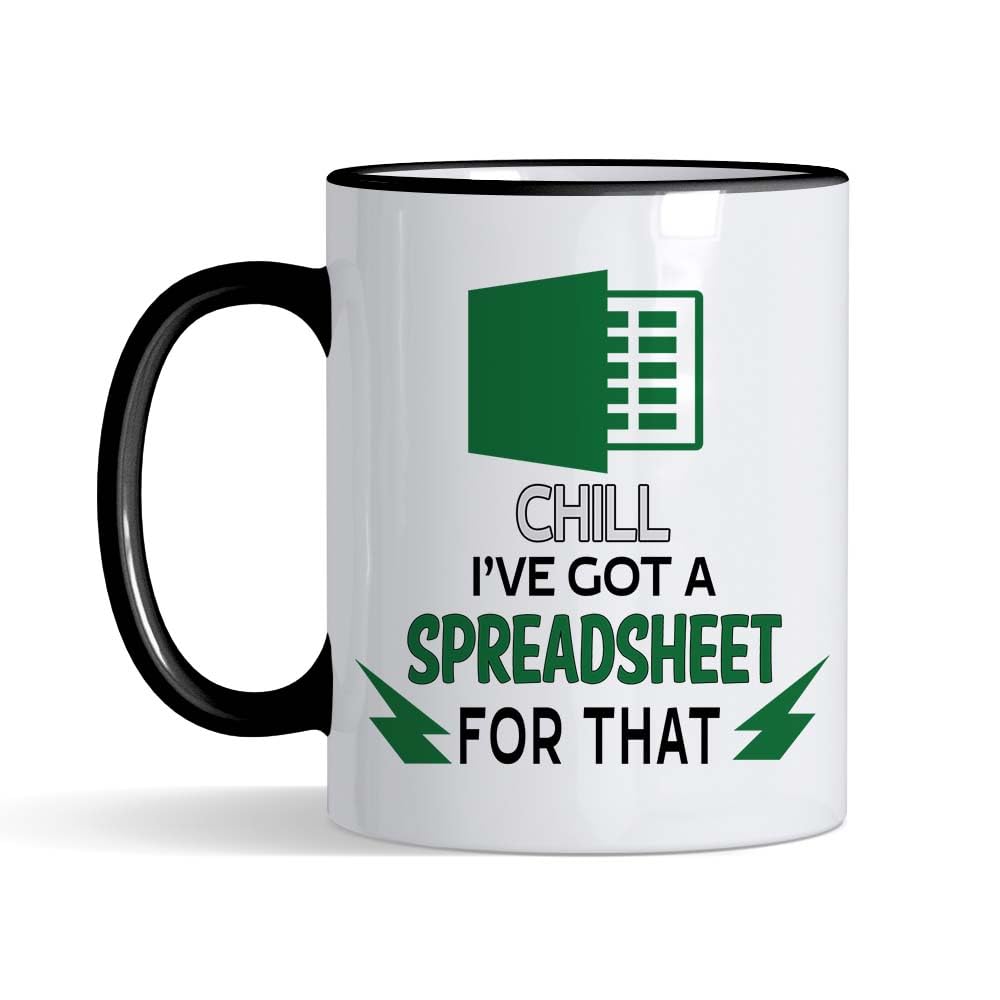 Crunchy Carrots Chill I've Got a Spreadsheet for That - 11 oz Coloured Rim & Handle Coffee Mug for Accountant, Colleague, Friend, Birthday, or Christmas (Black Rim)