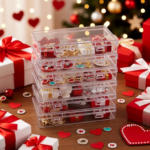 Image of Goodma 6 Pieces Rectangular Empty Mini Clear Plastic Organizer Box | 180 x 110 x 30 mm, Hinged Lids, For Small Items, Craft Projects