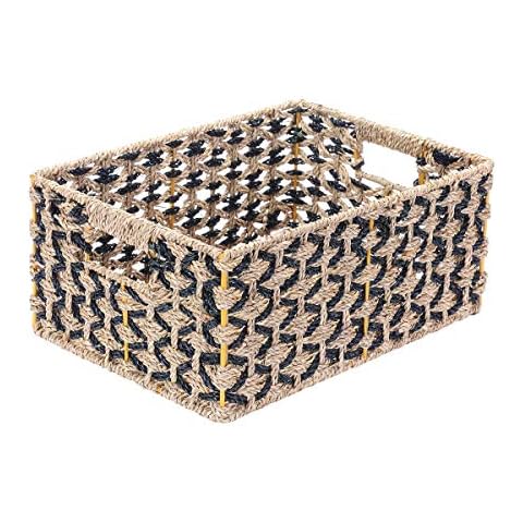 Villacera Rectangle Hand Weaved Wicker Baskets made of Water Hyacinth | Nesting Black and Natural Seagrass Bins | Set of 2 Cover