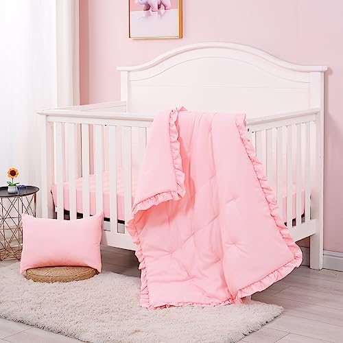 Image of JISEN 3 Piece Crib Bedding Set Soft Baby Ruffle Crib Comforter Set with Quilt, Sheet, Pillowcase - Nursery Bedding for Boys or Girls Pink