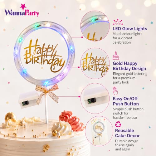 Image of Wanna Party Happy Birthday LED Cake Topper, Transparent Round Cake Decoration with Gold Text, Built-In Light String & Bow for Birthday Party, Cakes,...