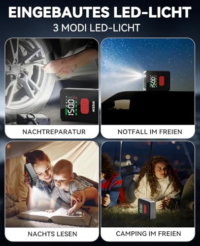 ACEZUK 7000A Starthilfe Powerbank für Pkw mit Kompressor 150PSI 12V Starthilfe Batteriepack (All Gas/12L Diesel), Autobatterie Starter mit Tragbaren Starthilfekabeln, LED-Leuchten