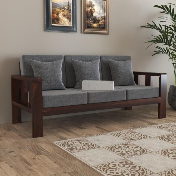 Docious Sheesham Wood 3 Seater Sofa Set for Living Room | Wooden Sofa Set | Colour (Brown) Finish :- Walnut Finish | (3 Seater) (Walnut with Grey Cushion, 3 Seater)-image-46