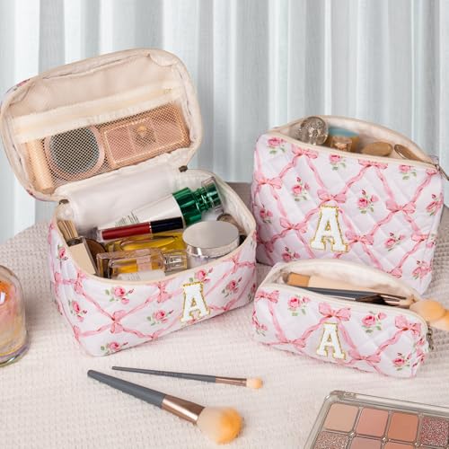Makeup Bag, Quilted Cosmetic Bag, Large Floral Make Up Bag for Women Girls, Cute Big Cotton Makeup Bag Set, Flower Travel Toiletry Organizer Bag A3