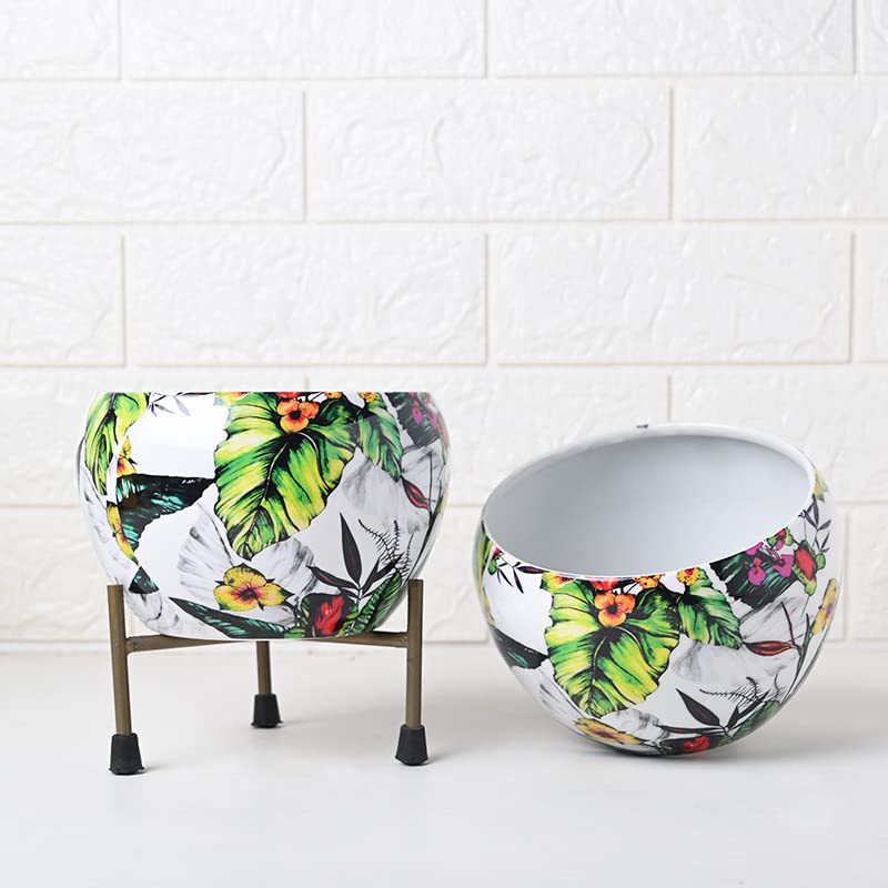 Image of FlowerAura Decorative Set of 4 Yellow Printed Metal Pot Vase with Stand for Table Corner, Living Room, Bedroom, Balcony, Office /Home Decoration | Without Plant | (15x10CM)