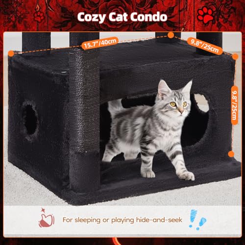 Image of Taoqimiao Gothic Cat Tree, 38.5In Cat Tower for Indoor Cats, for Kittens | Thick Padded Top Perch, Luxurious Cat Condo, Adjustable Basket, 1-Piece Ramp Scratcher, 3 Natural Sisal Posts, MS029SBR