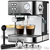 Plum chef 20 Bar Espresso Machine with Milk Frother, Dual Shot Coffee Maker, ESE Pod, Coffee Machine with Pressure Display, 54 OZ Removable Water Tank for Home Barista (Silver)