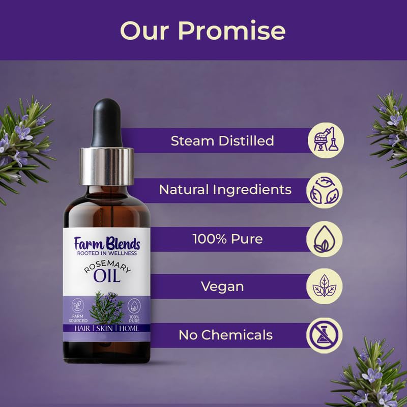 Image of Farm Blends Rosemary Essential Oil 100% Undiluted Pure | Thick & Strong Hair Growth | Clear Skin | Aromatherapy | Farm To Home | Natural Spanish | Rosmarinus officinalis | 15ML + 15ML (Pack of 2)