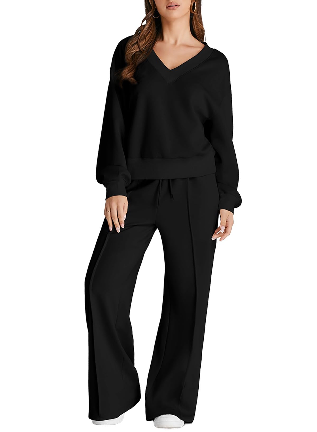 Herseas Women 2 Piece Outfits Sweatsuit 2025 Fall Casual V Neck Sweatshirt with Wide Leg Sweatpants Tracksuit Lounge