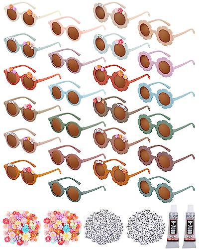 Kanayu 24 Pcs Sunglasses DIY Kit Kids Round Flower Sunglasses Bulk with 200 Letter Beads 100 Daisy 2 Glues for Girls Boys (Lively Colors)