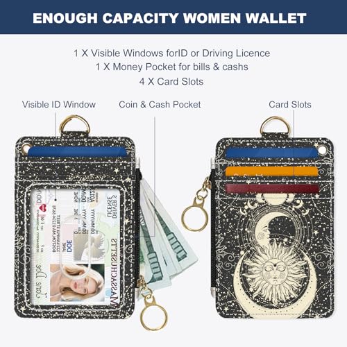 Image of Slim Wallet Credit Card Holder, Moon and Sun Face, RFID Wallet Women Cute Small Front Pocket Wallet With Zipper, PU Leather Thin travel RFID Blocking Card Case ID Window,Ladies Gifts