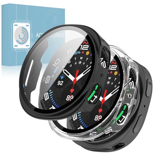 【2枚組】For Galaxy Watch 8 40mm 用 ケース ガラスフィルム 一体型 Galaxy Watch 8 保護カバー 全面保護 強化ガラス 耐衝撃 高透過率 指紋防止 スマートウォッチケース(ブラック+クリア)