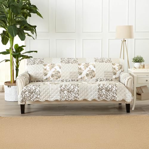 Image of Great Bay Home Reversible Patchwork Sofa Cover - Washable Slipcover Furniture Protector with Elastic Straps - Perfect for Kids & Pets - Box-Stitched Detail (Taupe)