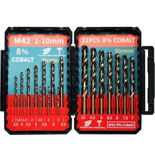 STROTON Metric M42 8% Cobalt Drill Bits Set for Stainless Steel and Hardened Steel (1-10mm/21PCS)