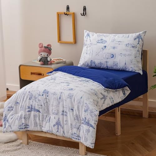 Image of CLOTHKNOW 4Pieces Vehicle Traffic Toddler Bedding Sets for Boys Girls Kids | 4Pcs White Blue Comforter Sets, Cars Airplane Tank Helicopter Pattern, Soft All Seaon Crib Bed Sets