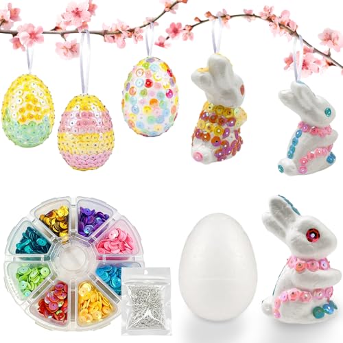 Shyllin Kit de Bricolage pour Pâques, Contient 5 Œufs en Mousse, 5 Lapins en Mousse, des Paillettes, des Épingles et des Rubans, à Utiliser comme Cadeaux...