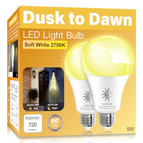 Gonhom 2 Pack Dusk to Dawn Light Bulbs Outdoor, 2700K