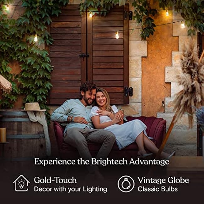 Brightech Glow Solar LED String Lights - Commercial Grade Waterproof Patio Lights with Beautiful Brass Accents - Shatterproof LED Solar Outdoor String Lights - 1W, Soft White Light - 27 Ft
