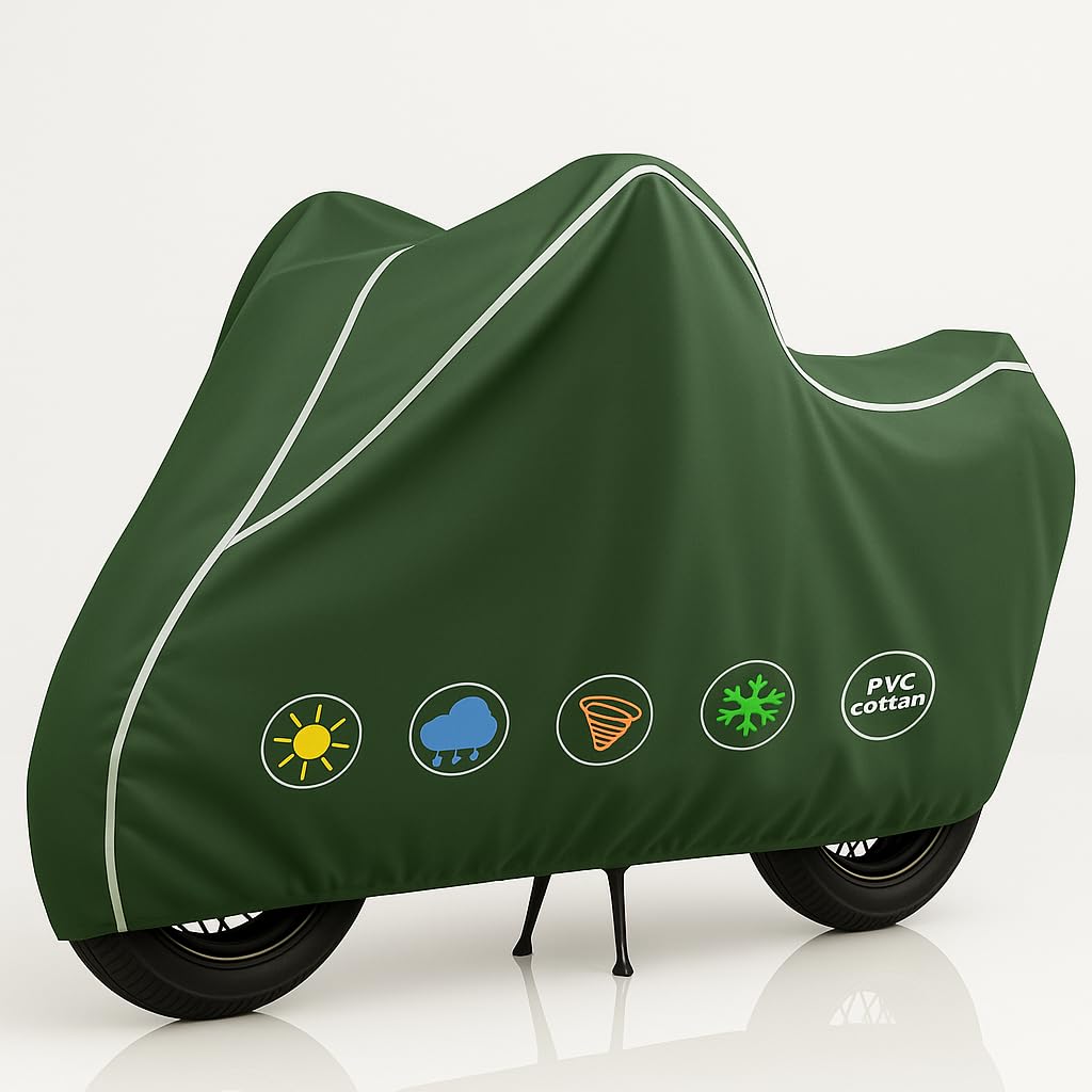 StormGuard PU Bike Cover Premium Waterproof, Dustproof & UV Protected Two-Wheeler Body Shield | Heavy-Duty, All-Weather Protection | Universal Fit for Motorcycles & Scooters(Olive & White PU)