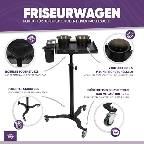 Mobiler Friseurwagen, Salon Trolley mit 2 magnetischen Schüsseln, Fönhalterung, hitzebeständig, Kammlineal für Extensions Aller Art, ideal für Friseure und Schönheitssalons und Coloristen