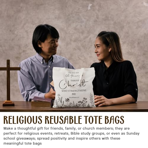 Aliceset 12 Pcs Bible Tote Bags for Women Beige Christian Gift Bags Bulk Religious Bible Verse Canvas Bags Reusable Church Bags Floral Jesus Book Bags for Church Gift, 15 x 16 Inches - Thumbnail 4