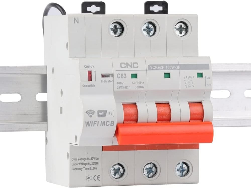 Interruttore Magnetotermico Intelligente WiFi, 63A 100A 3P per Guida DIN con Protezione Sovraccarico e Cortocircuito, Doppia Protezione Termica-Magnetica per Impianti Solari e Quadri Elettrici,20A-3P