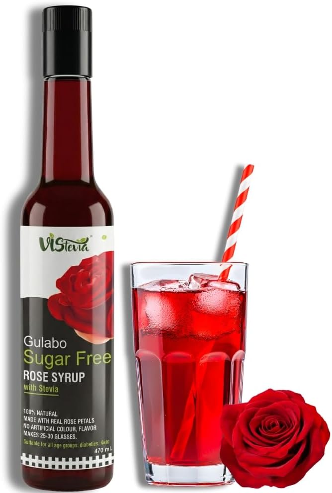 - Gulabo Sugar-free Rose Syrup, Diabetic And Keto Friendly - Sweetened Naturally With Stevia, Made With Real Rose petals Not Flavour And Colour - Pack Of 1 (470ML) Serves 25-30 Glasses