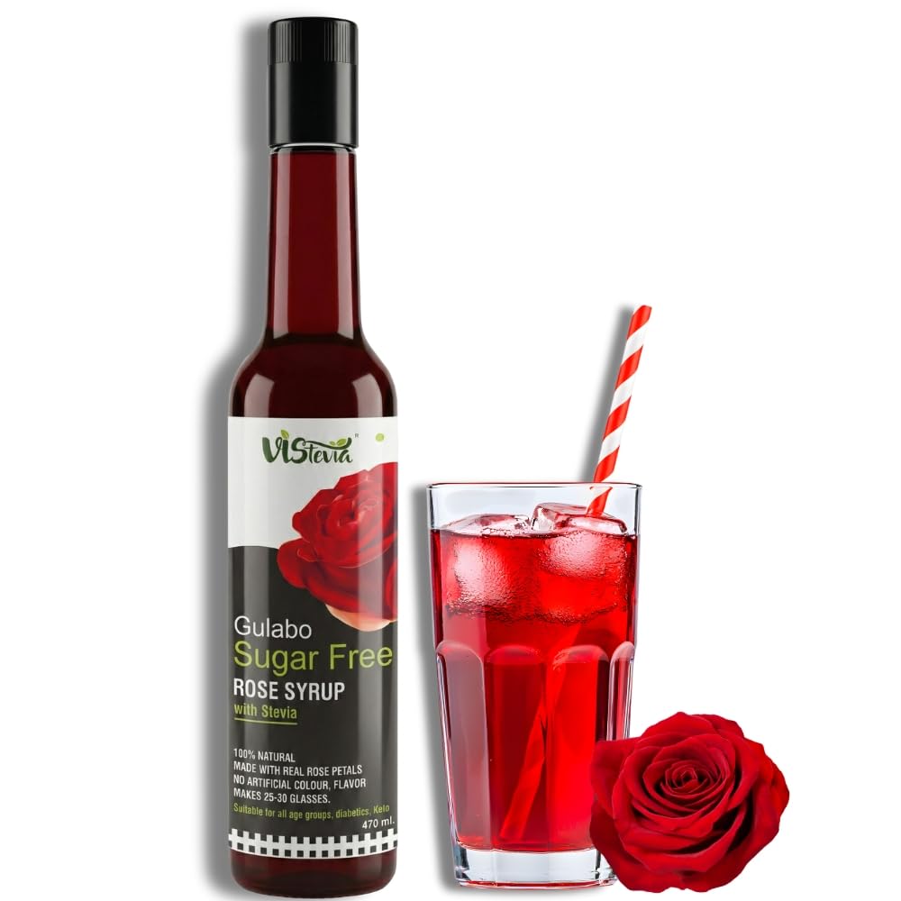 VIStevia Gulabo Sugar-free Rose Syrup, Diabetic And Keto Friendly - Sweetened Naturally With Stevia, Made With Real Rose petals Not Flavour And Colour - Pack Of 1 (470ML) Serves 25-30 Glasses
